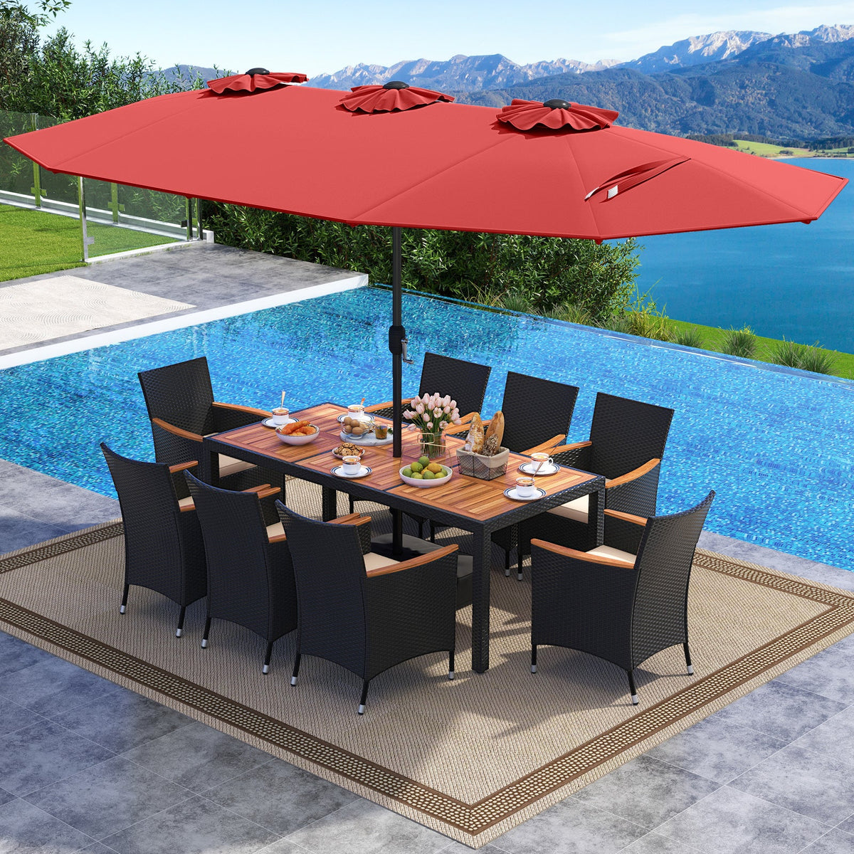 10 Piece Outdoor Dining Set with 15 Feet Double-Sided Twin Umbrella