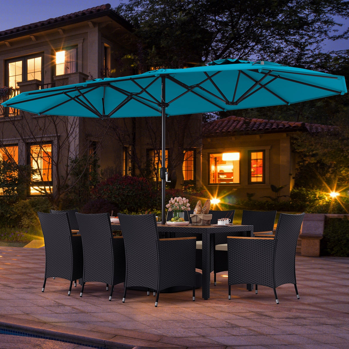 10 Piece Outdoor Dining Set with 15 Feet Double-Sided Twin Umbrella