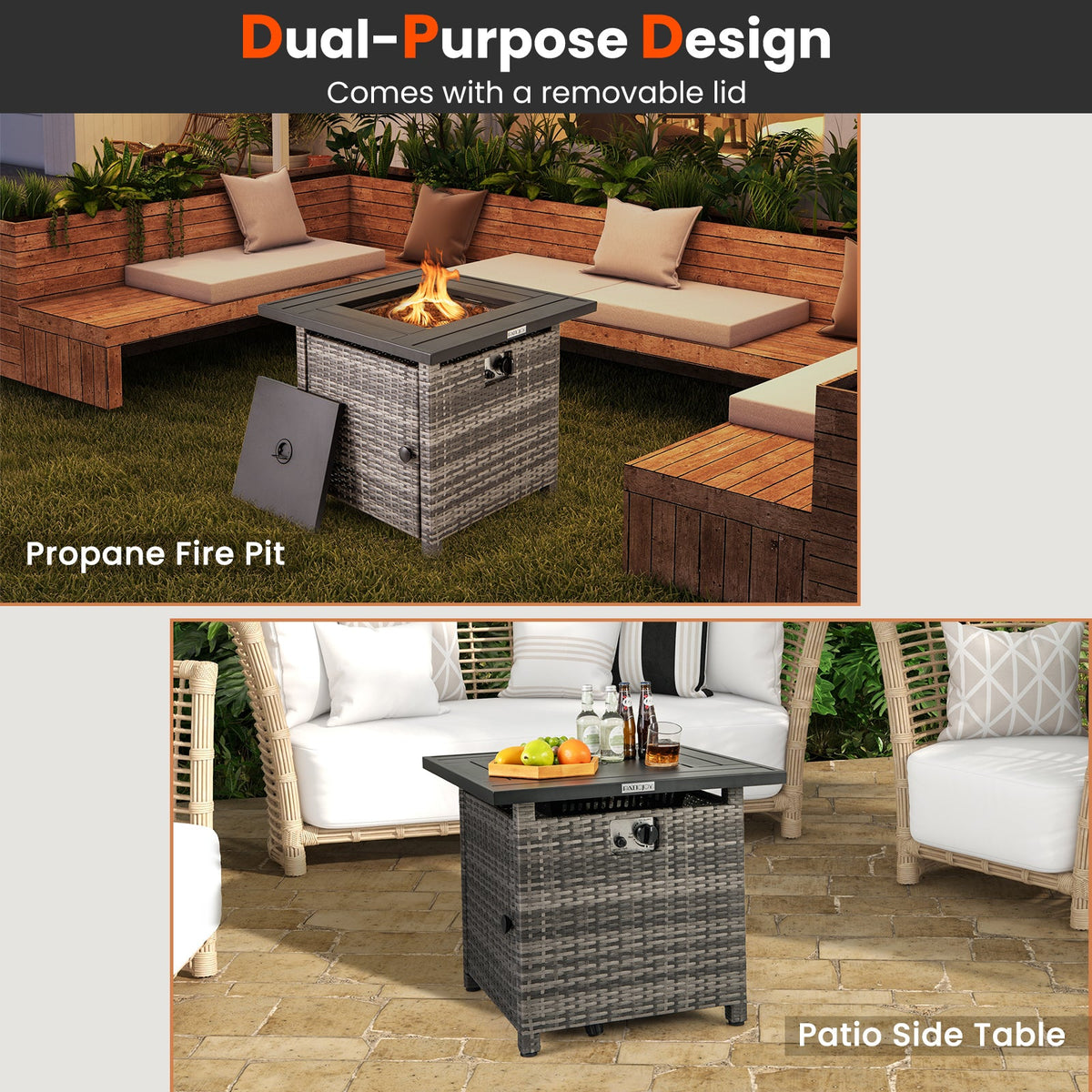 29 Inch Propane Rattan Firepit Table with Lava Rocks and Protective Cover-Gray