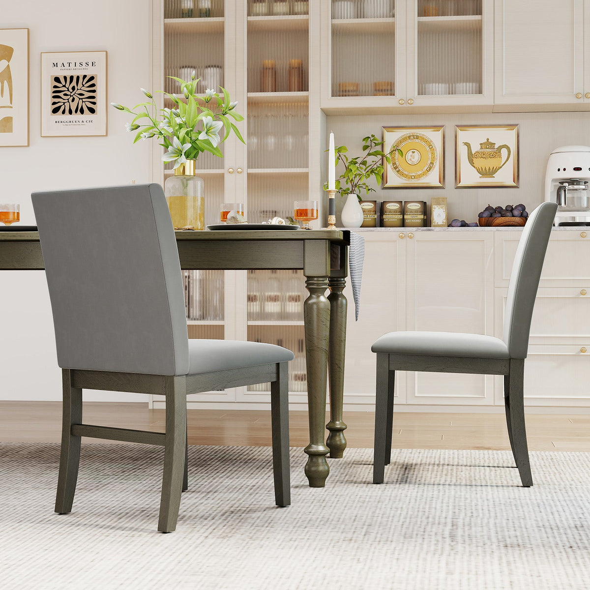 Upholstered Dining Chairs Set of 2 with Rubber Wood Legs and High Back-Gray