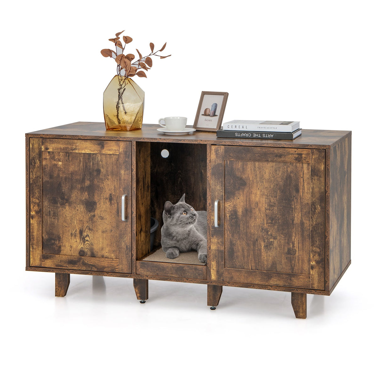 2-Door Cat Litter Box Enclosure with Winding Entry and Scratching Board