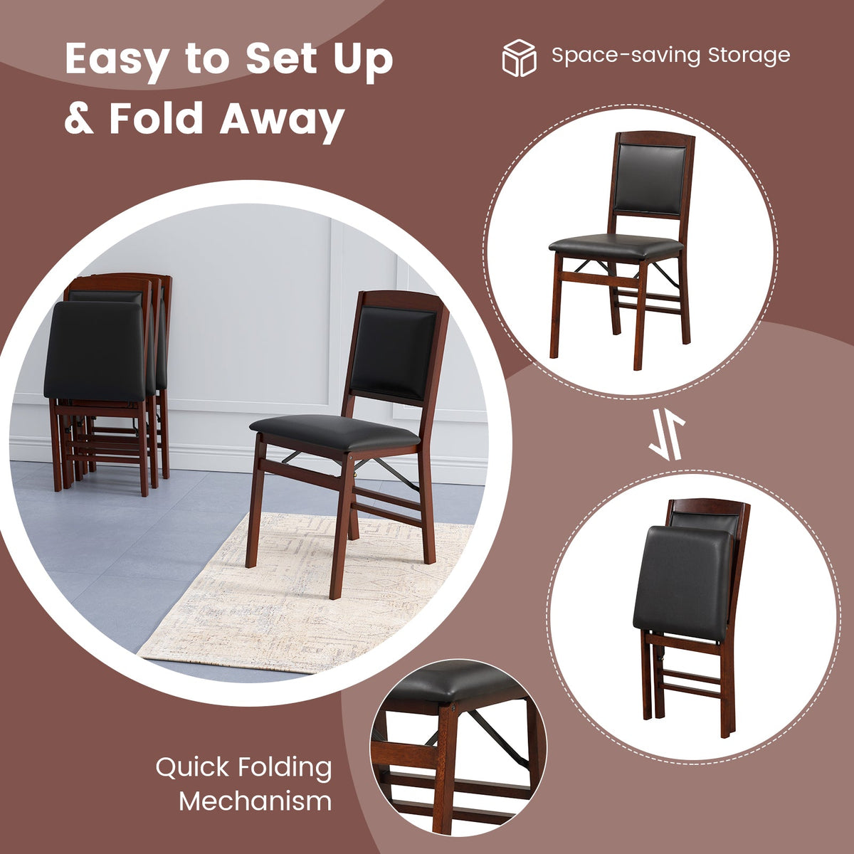 Set of 2 Folding Dining Chairs with Padded Seat and High Backrest-Brown