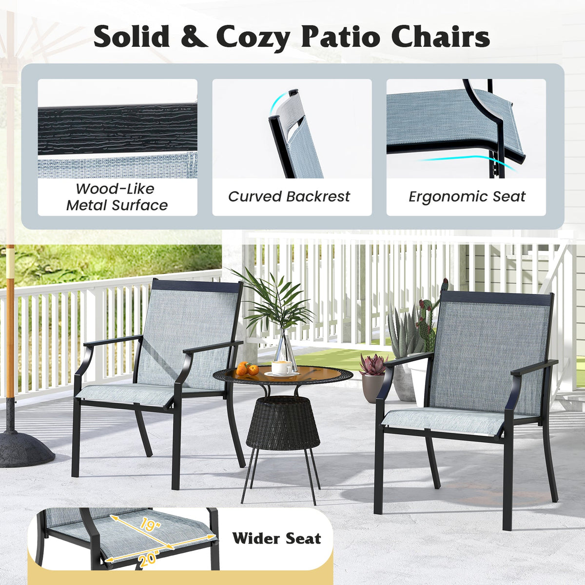 2 Piece Patio Dining Chairs Large Outdoor Chairs with Breathable Seat and Metal Frame