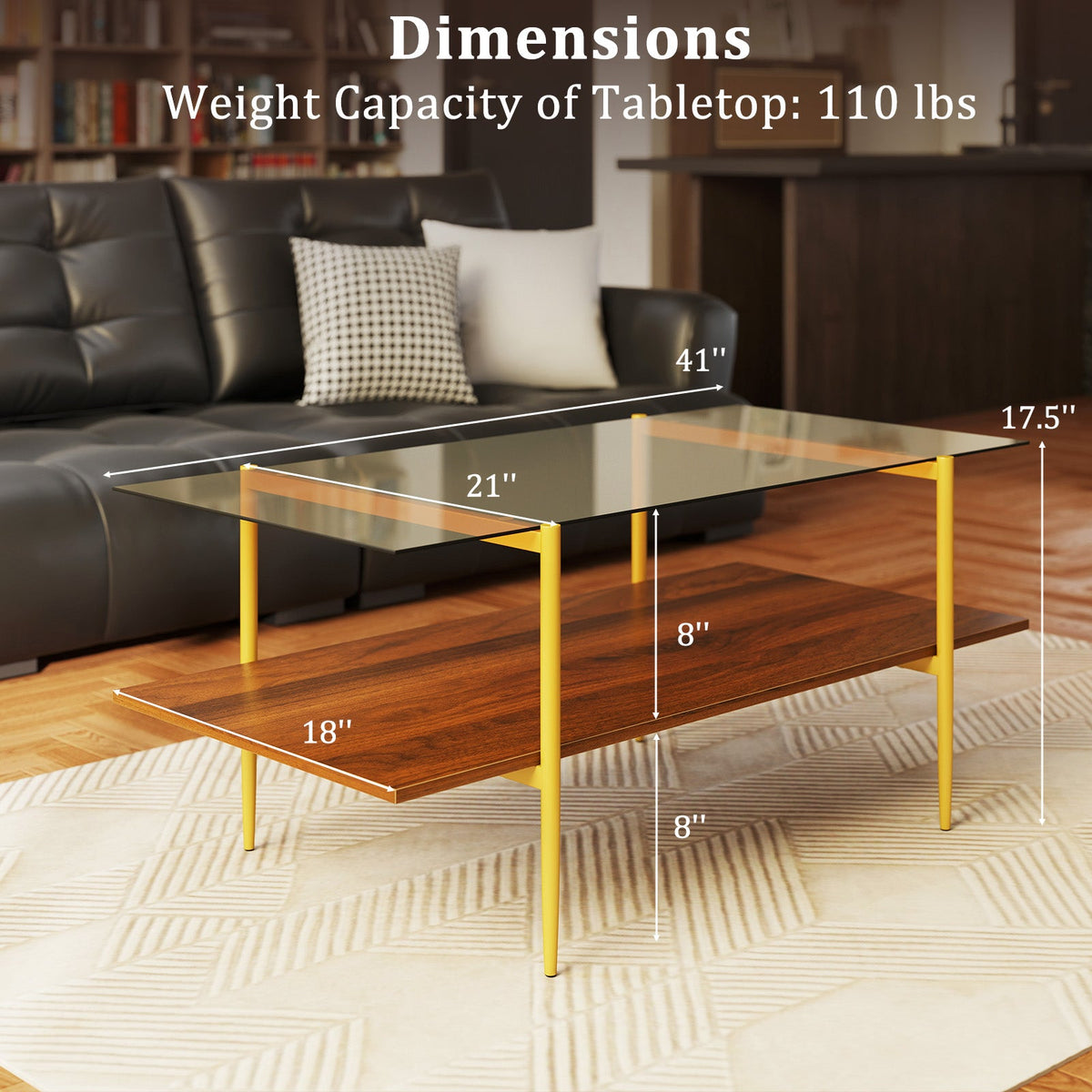 2-Tier Glass Coffee Table with Tampered Glass Tabletop and Open Storage Shelf-Brown
