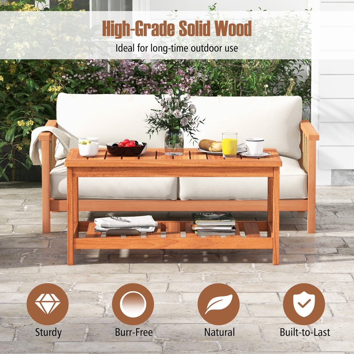 2-Tier Patio Coffee Table with Slatted Tabletop and Shelf DirectDeals