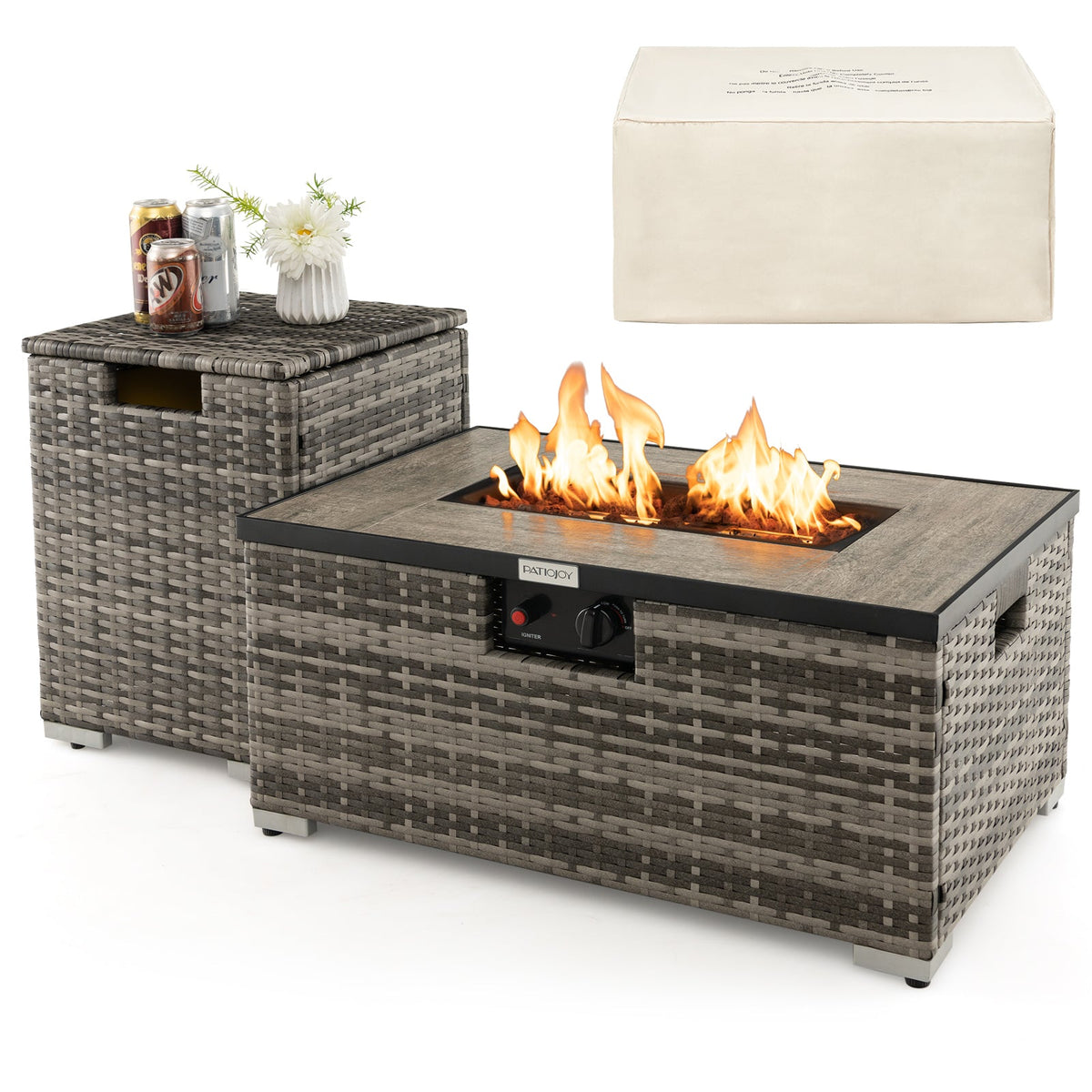 32 x 20 Inch Propane Rattan Fire Pit Table Set with Side Table Tank and Cover