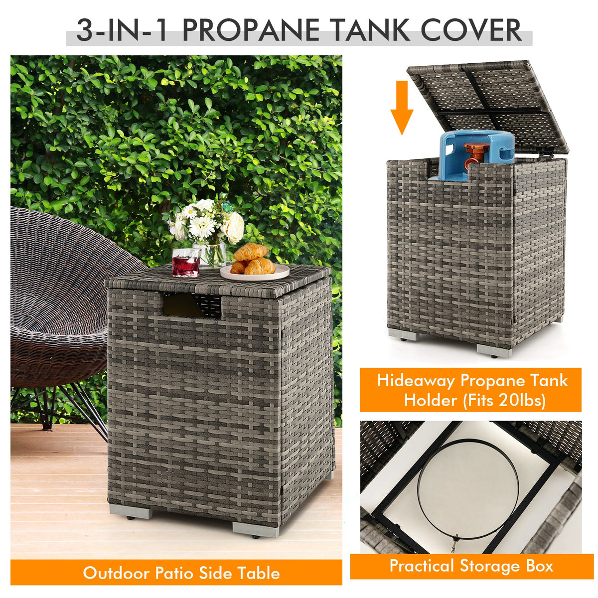 32 x 20 Inch Propane Rattan Fire Pit Table Set with Side Table Tank and Cover