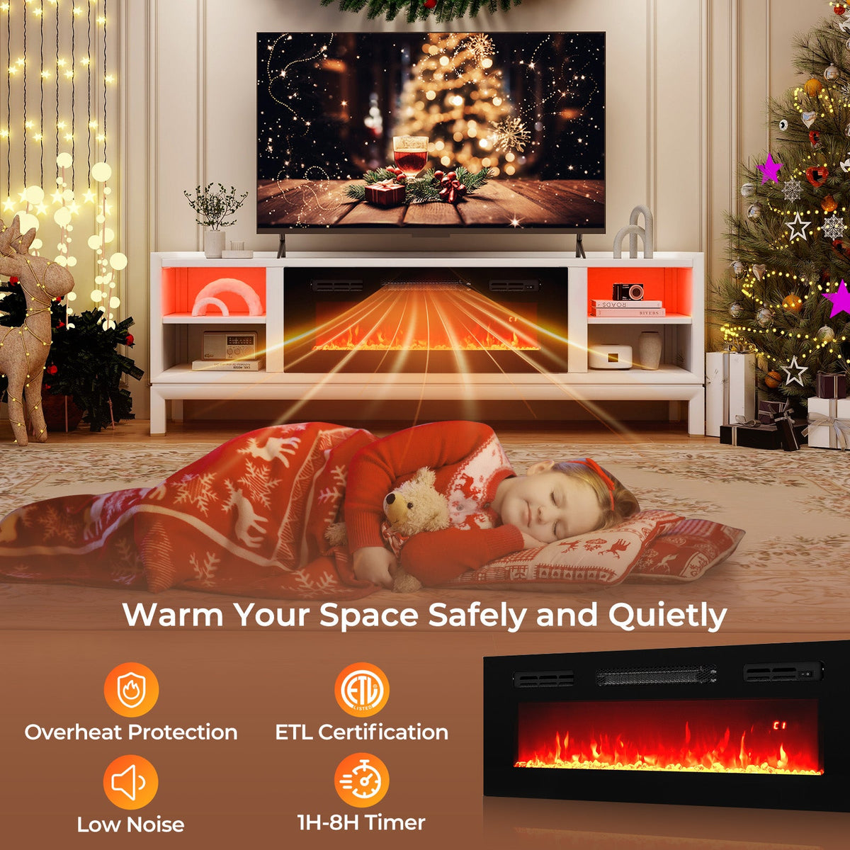 36 Inches Electric Fireplace Heater Recessed with LED Strip Lights and Remote Control