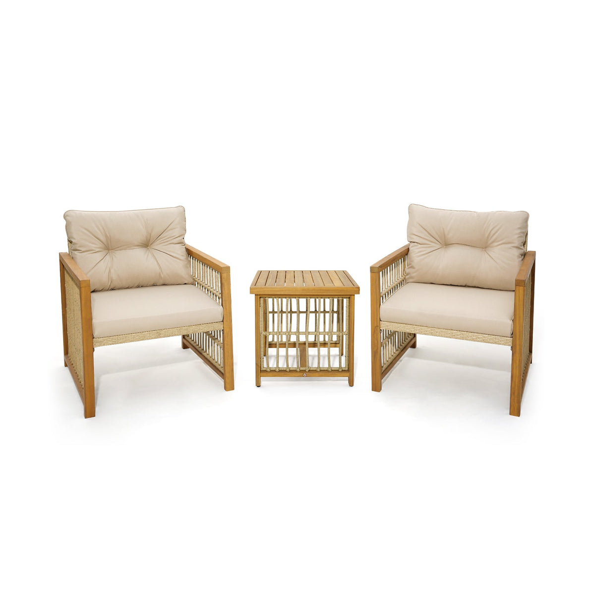 3 Pieces Patio PE Wicker Conversation Set with Acacia Wood Frame and Cushions-Beige