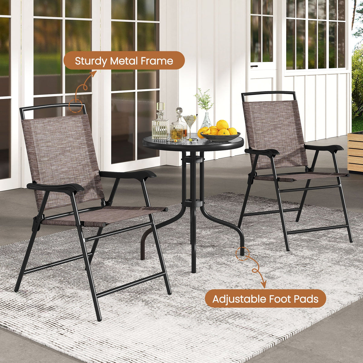3 Pieces Patio Round Table and Folding Chairs Set with Rippled Tempered Glass Tabletop
