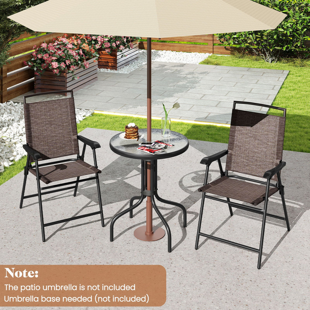 3 Pieces Patio Round Table and Folding Chairs Set with Rippled Tempered Glass Tabletop