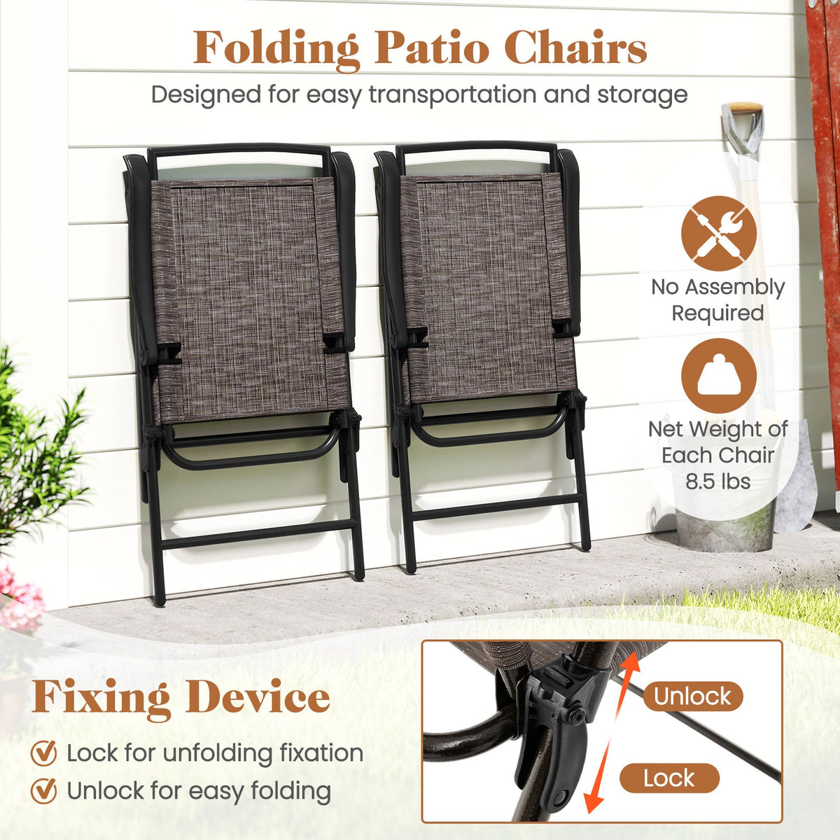 3 Pieces Patio Round Table and Folding Chairs Set with Rippled Tempered Glass Tabletop
