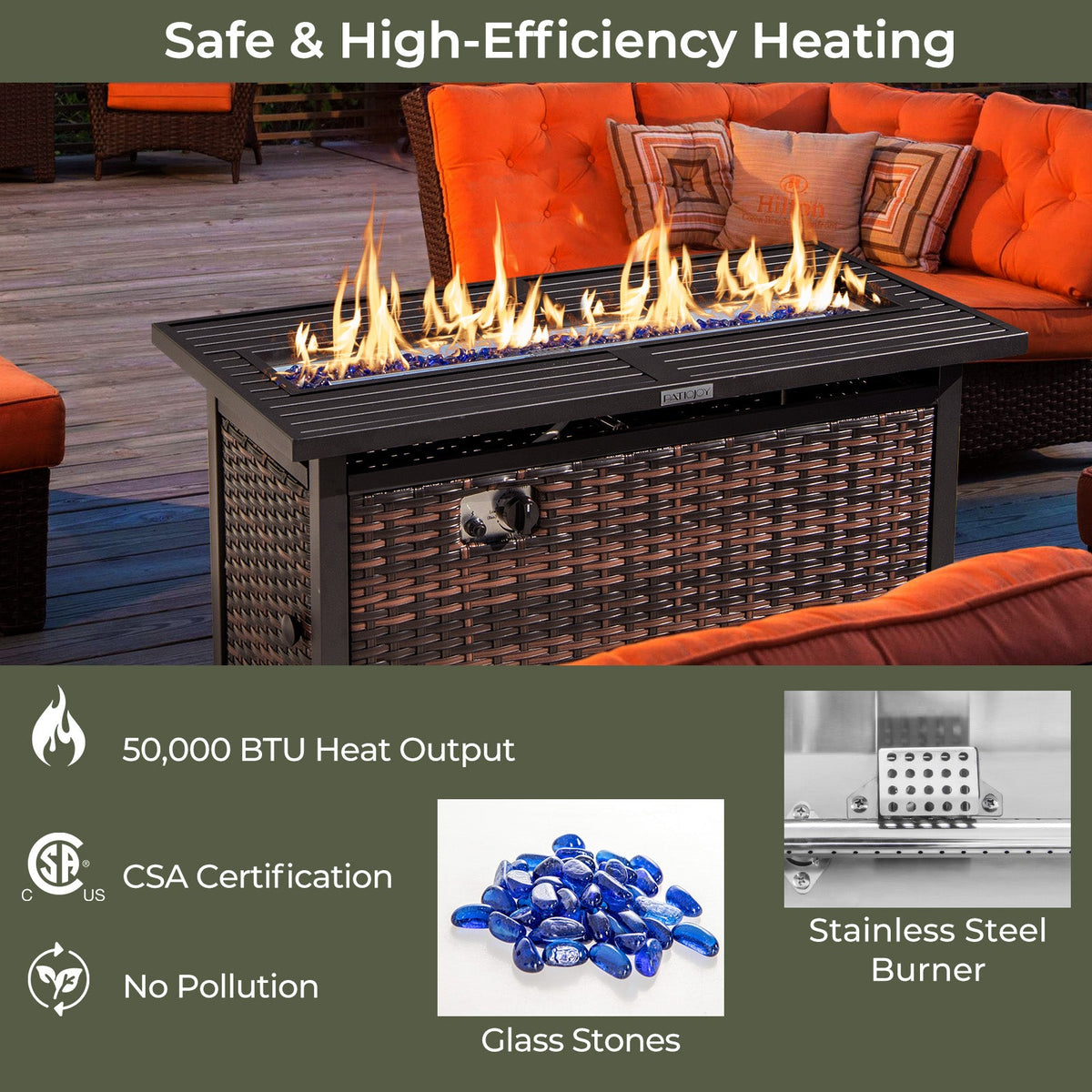 45 Inch Propane Rattan Firepit Table with Glass Stones and Protective Cover-Mixed Brown