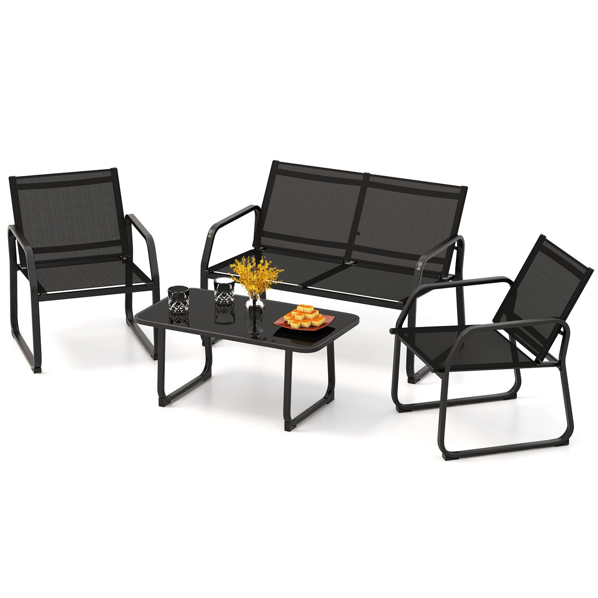 4 Pieces Patio Conversation Set with Breathable Fabric Seat and Tempered Glass Tabletop-Black