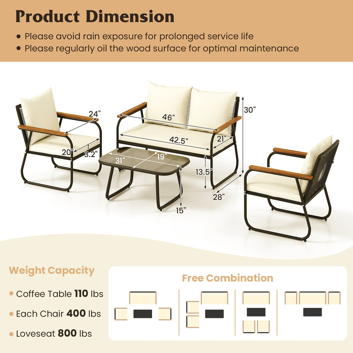 4 Pieces Patio Furniture Set with Tempered Glass Coffee Table