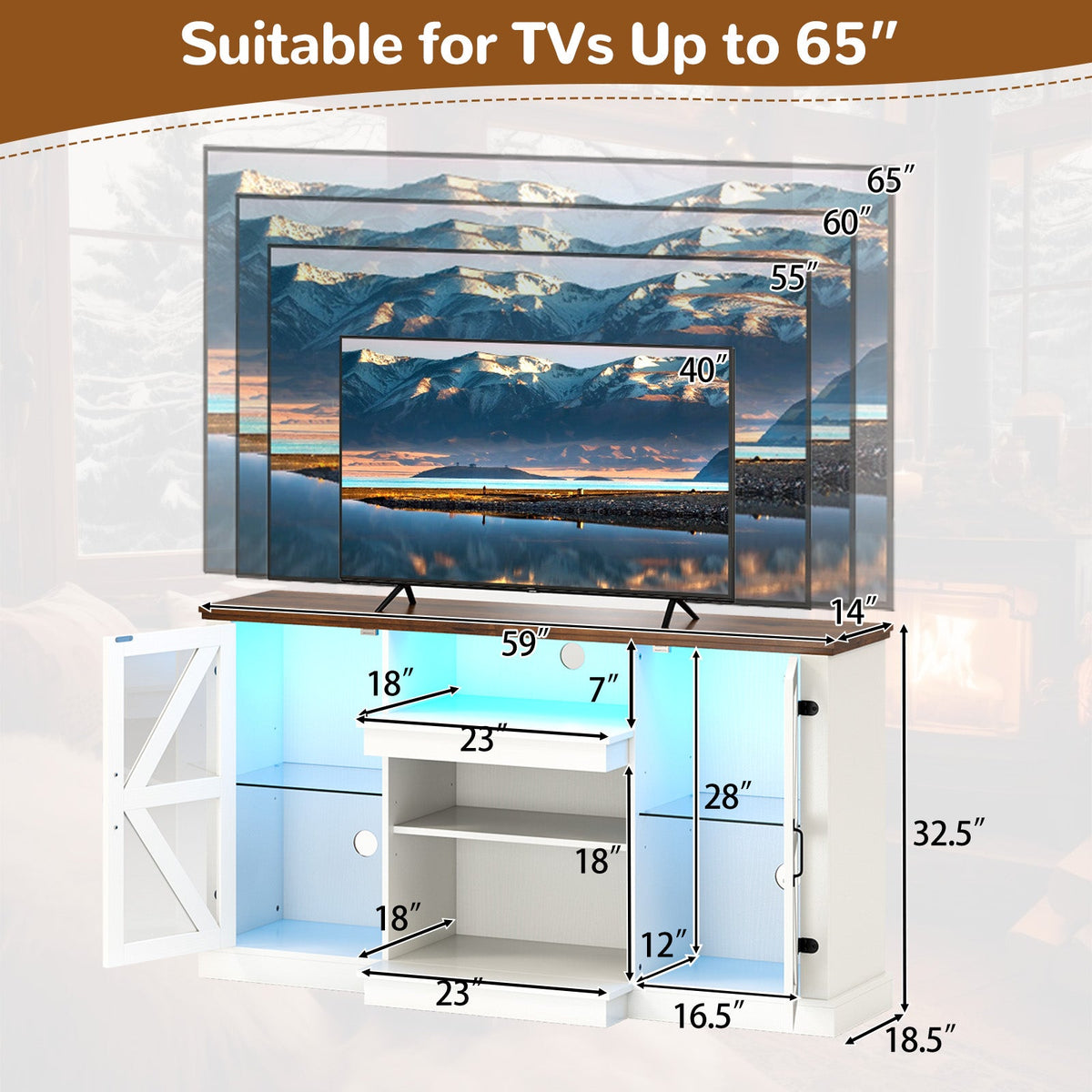 59 Inches Media Console Table with 3-Level Shelves and 22 Dynamic Modes-White
