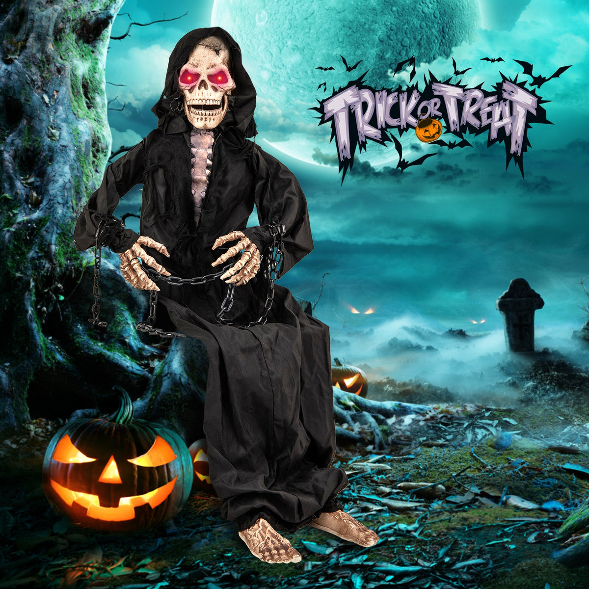 5 Feet Animated Halloween Sitting Reaper with Voice Greetings