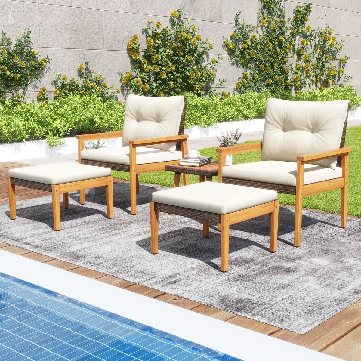 5 Piece Rattan Furniture Set with Square Coffee Table-White