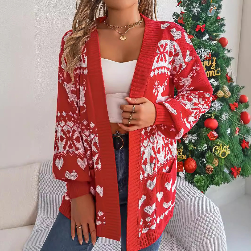 2024 Women's Christmas Deer Print Cardigan Sweater