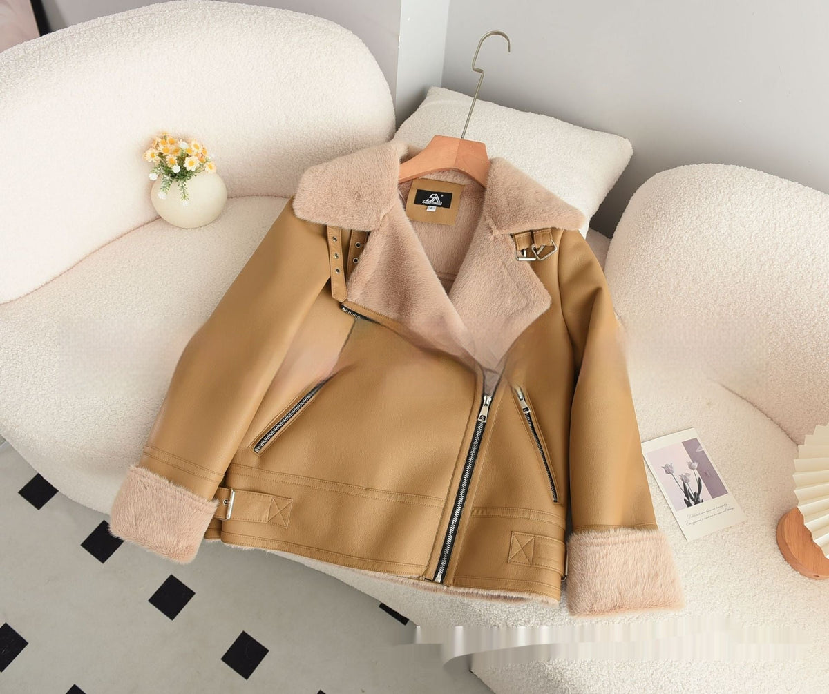 Fur Integrated Women's Mid-length Lamb Coat Winter Motorcycle Clothing
