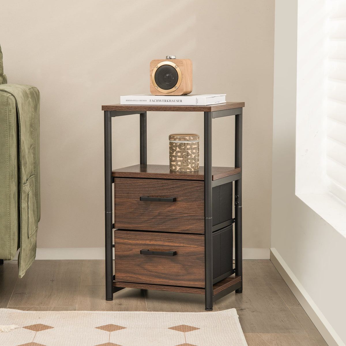 Bedside Table Set of 2 with Removable Fabric Drawers and Metal Frame-Walnut