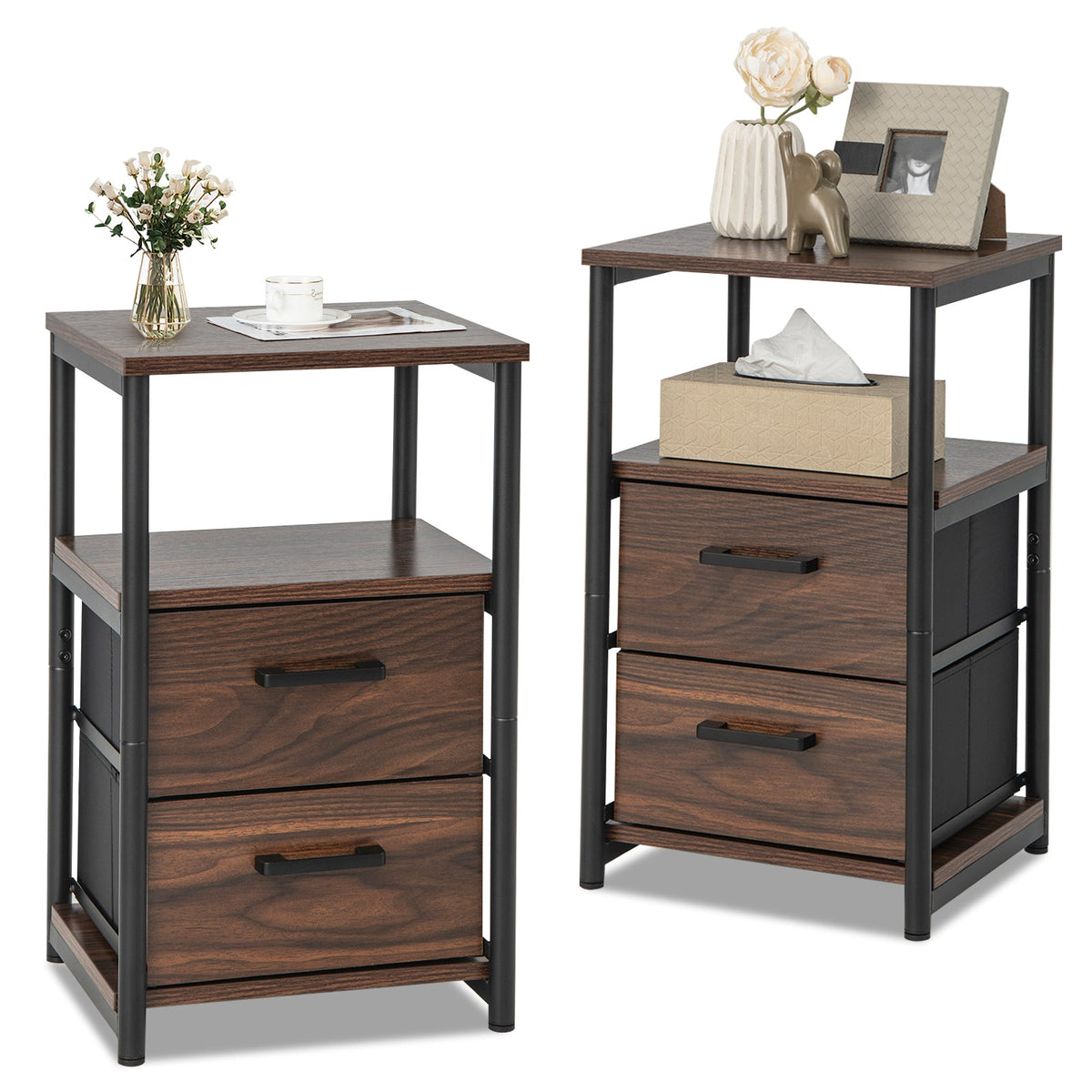 Bedside Table Set of 2 with Removable Fabric Drawers and Metal Frame-Walnut