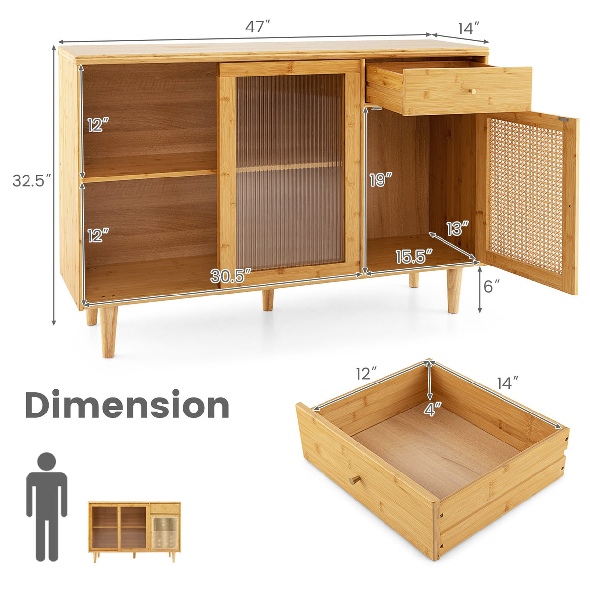 Modern Bamboo Buffet Sideboard Cabinet with Tempered Glass Sliding Doors-Natural