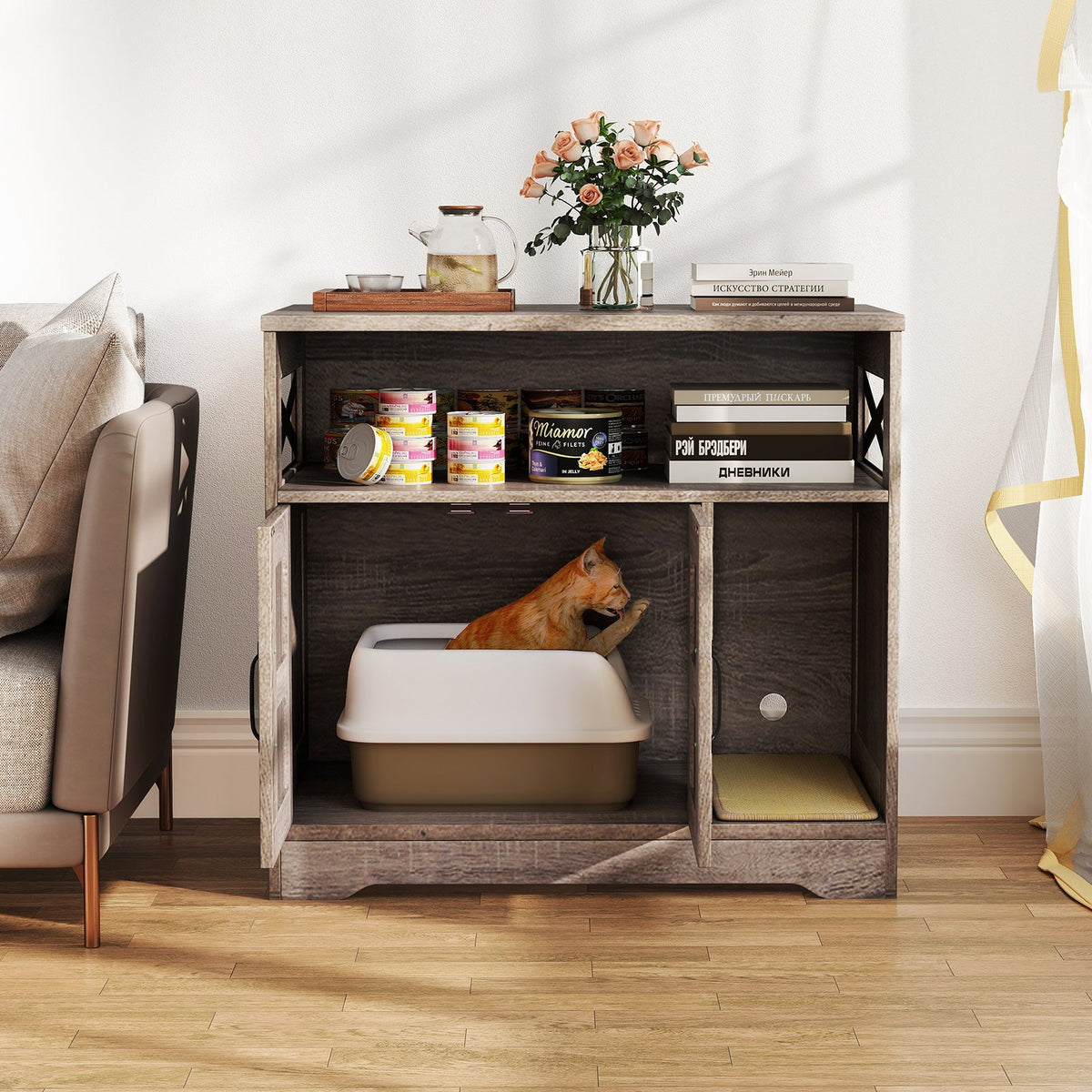Cat Litter Box Enclosure Hidden Cat Washroom Furniture with Storage-Grey