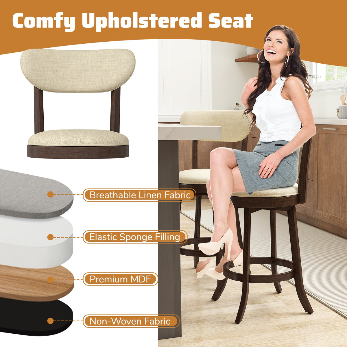 25.5 Inch Counter Height Chairs Set of 2 with Padded Seat and Backrest-Brown