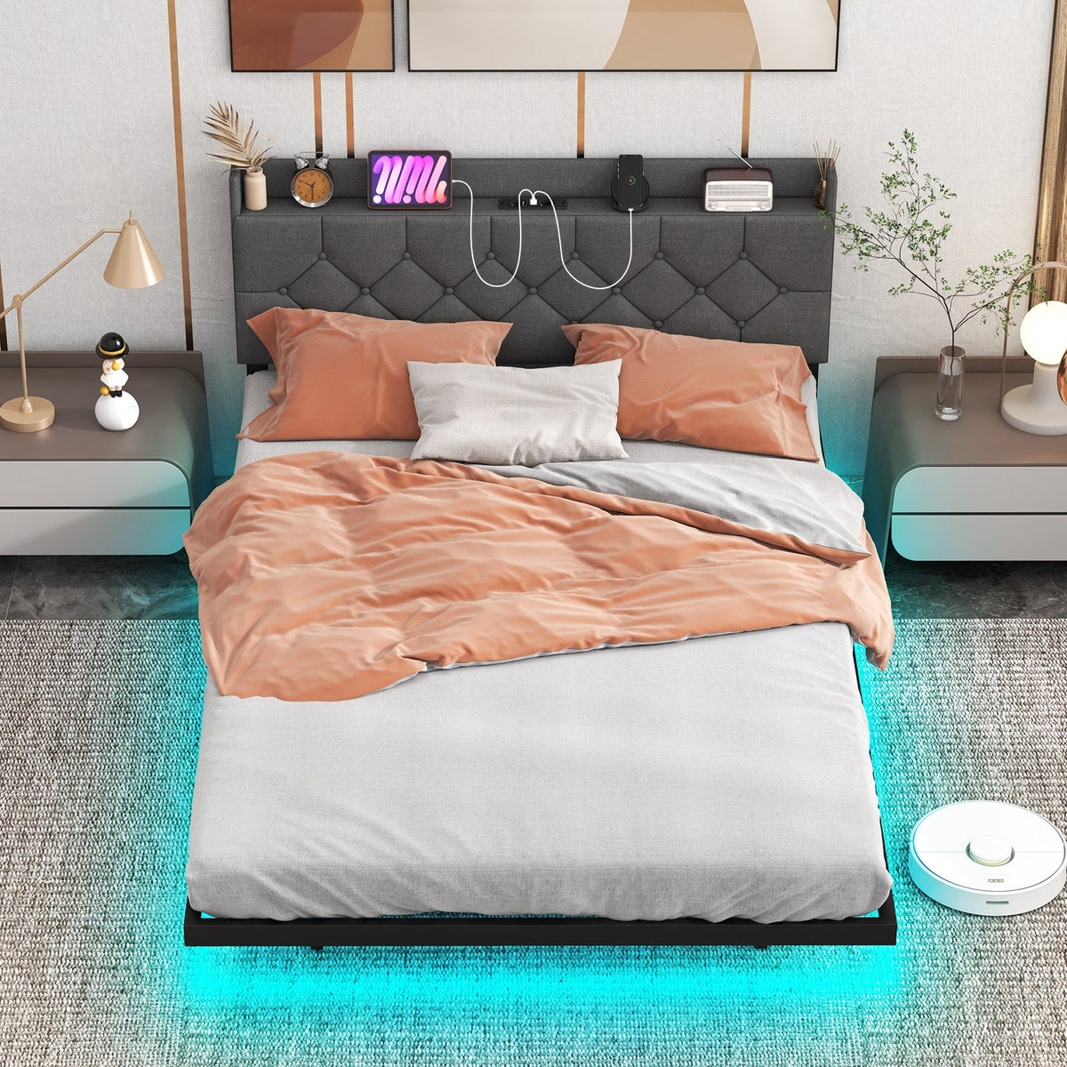 Full/Queen Size Floating Bed Frame with LED and Headboard and Charging Station