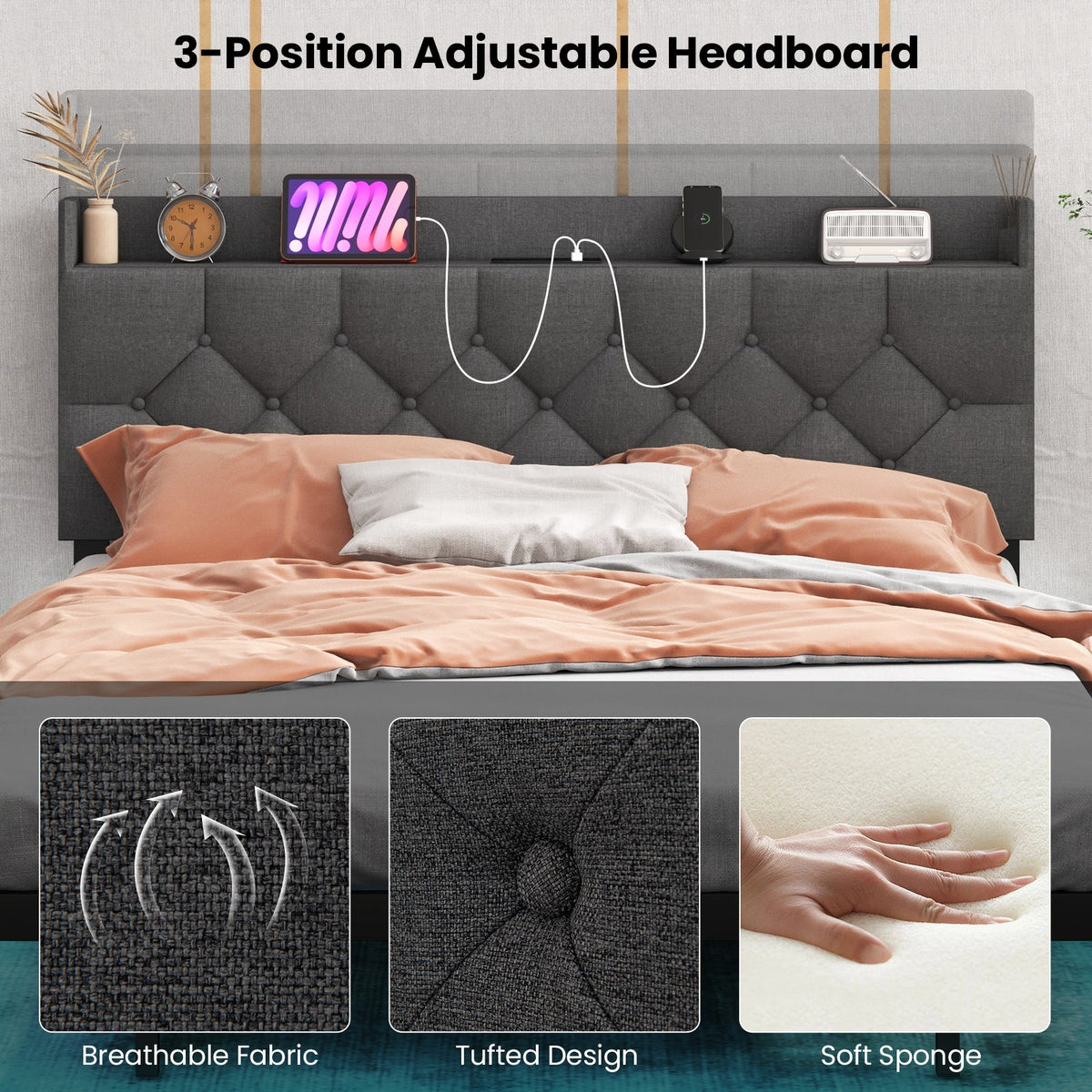 Full/Queen Size Floating Bed Frame with LED and Headboard and Charging Station