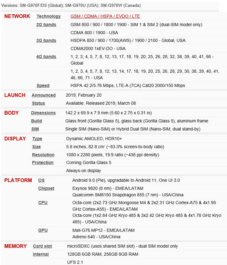 Samsung Galaxy S10e Duos G970FD Dual Sim Global Version Exynos 6GB RAM 128GB ROM Octa Core 5.8' NFC Original Unlocked Cell Phone