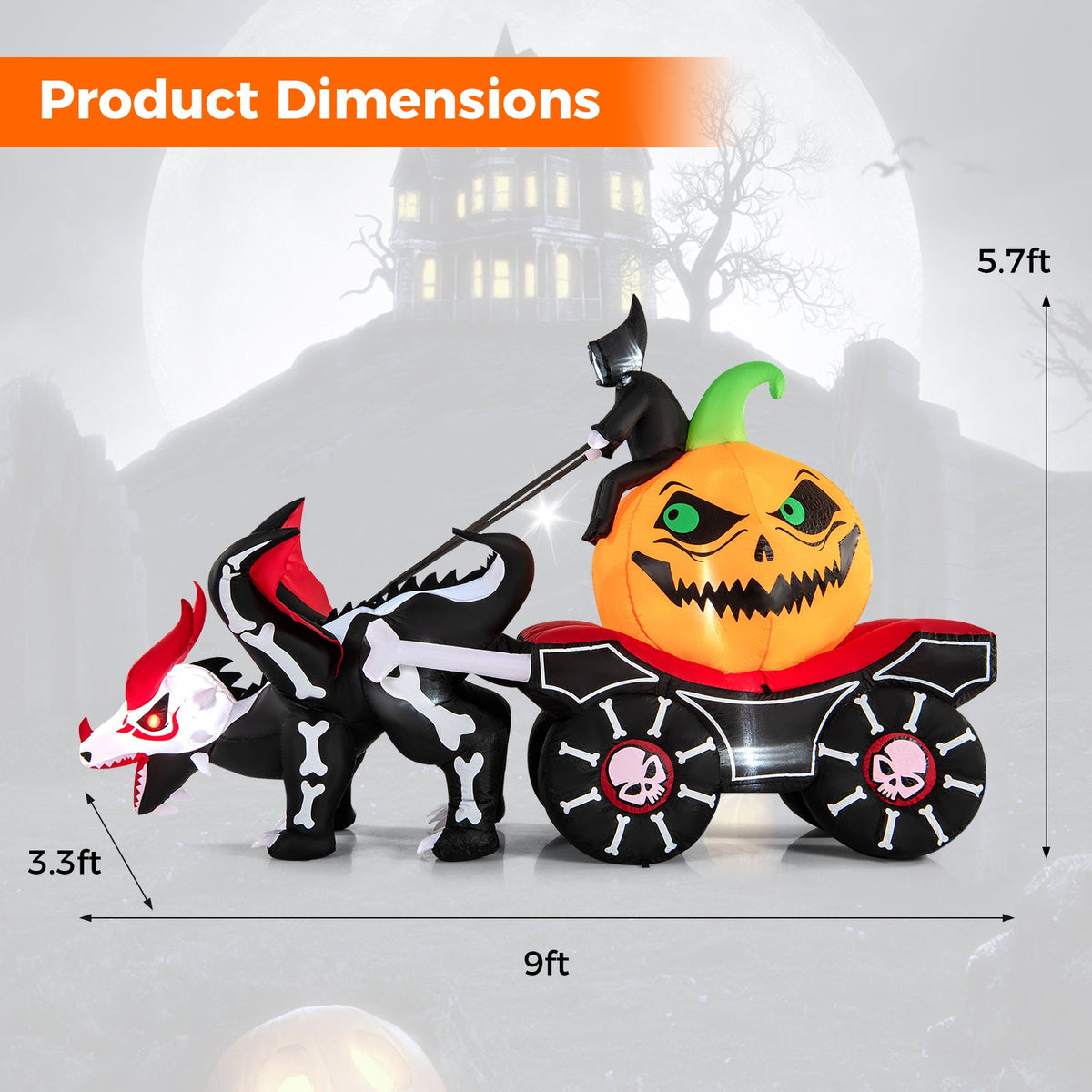 Halloween Inflatable LED Lighted Carriage with Pumpkin and Skeleton Dragon