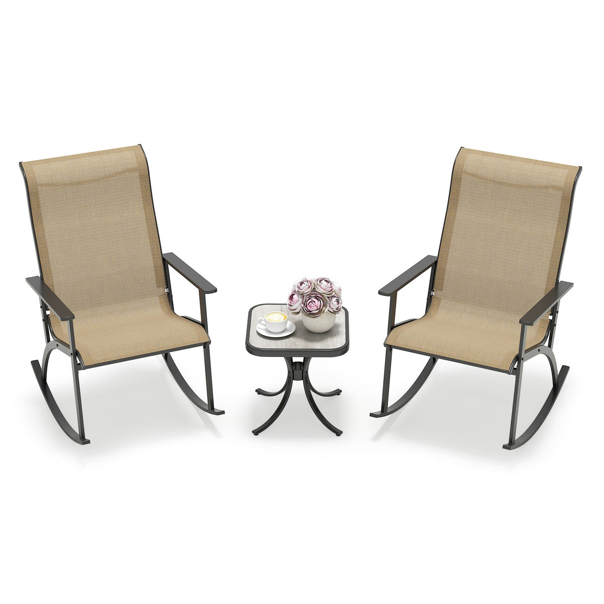 Heavy-Duty Rocking Bistro Chairs and Table Set with High Backrest and Wood-Plastic Tabletop-Brown