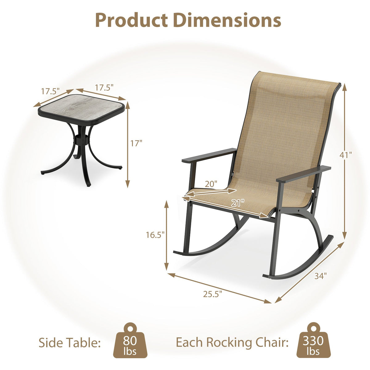 Heavy-Duty Rocking Bistro Chairs and Table Set with High Backrest and Wood-Plastic Tabletop-Brown