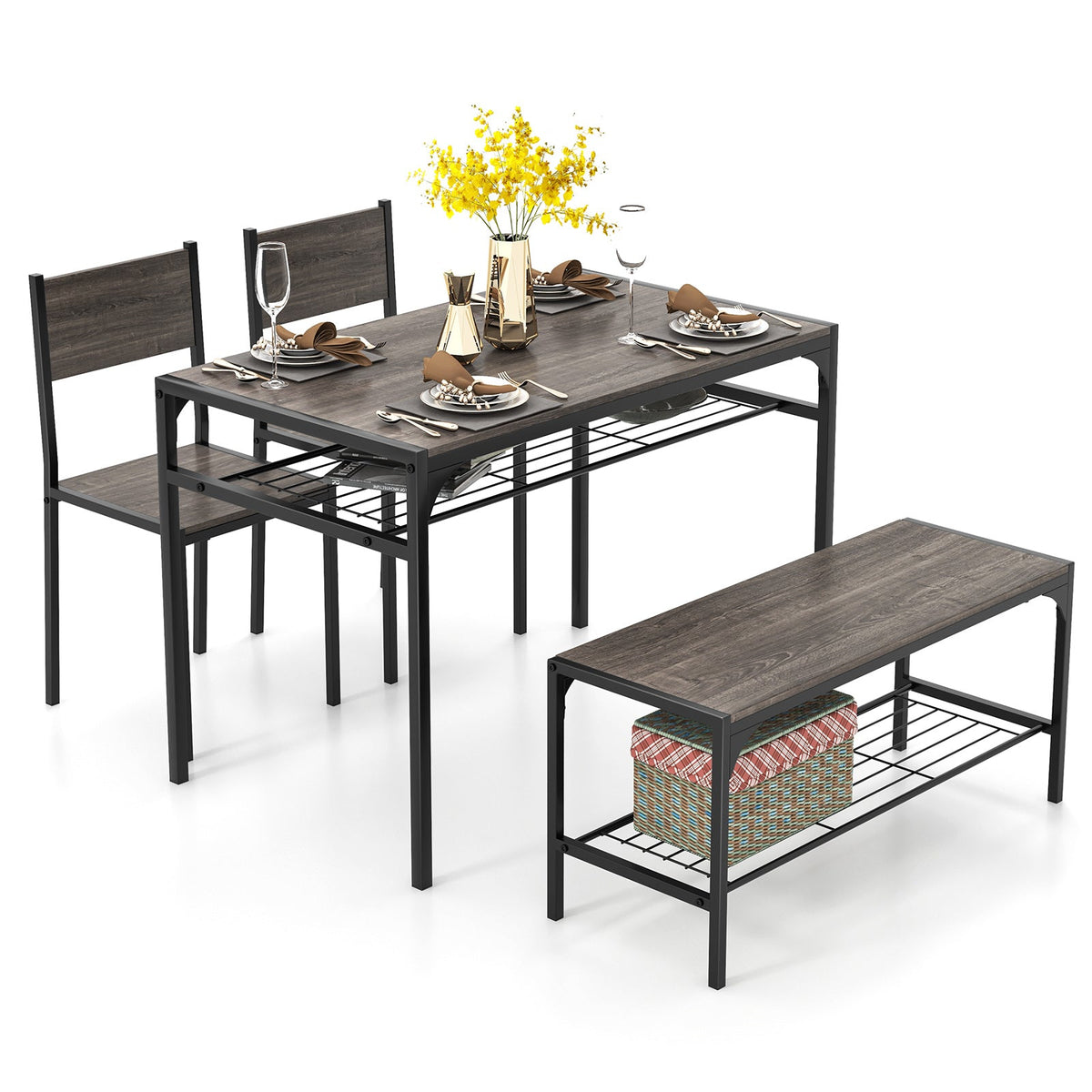 Industrial Style Rectangular Kitchen Table with Bench and Chairs