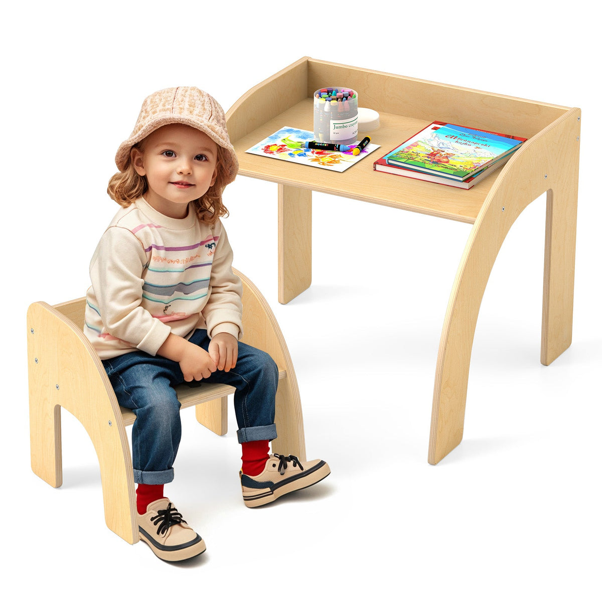 Kids Table and Chair Set with Wide Tabletop and Curved Edges for Kids Room