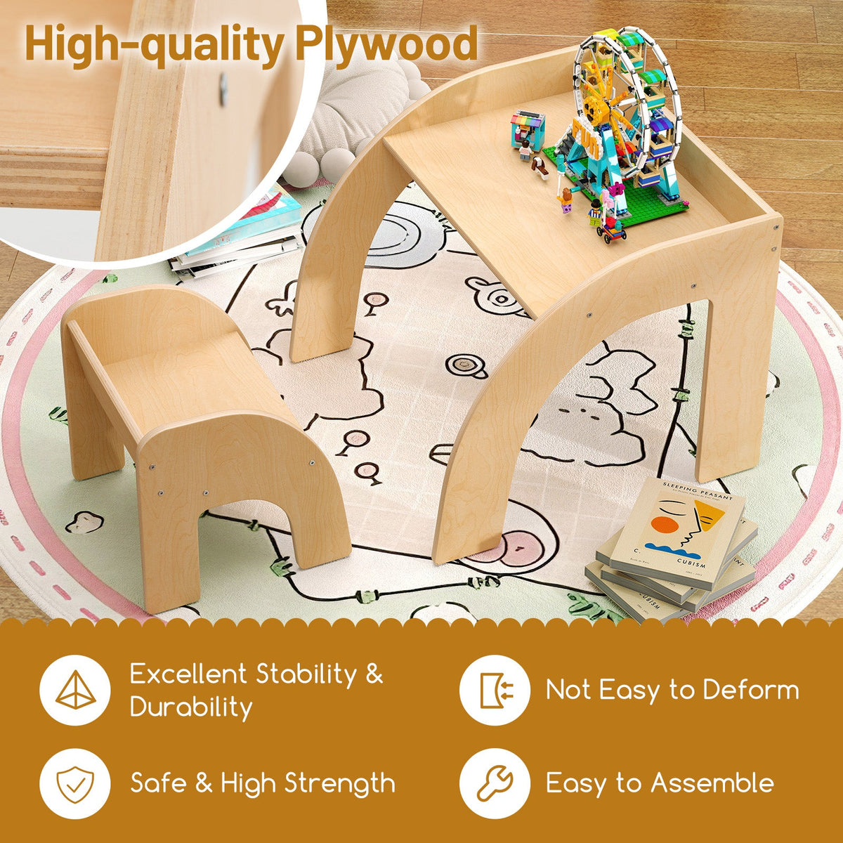 Kids Table and Chair Set with Wide Tabletop and Curved Edges for Kids Room