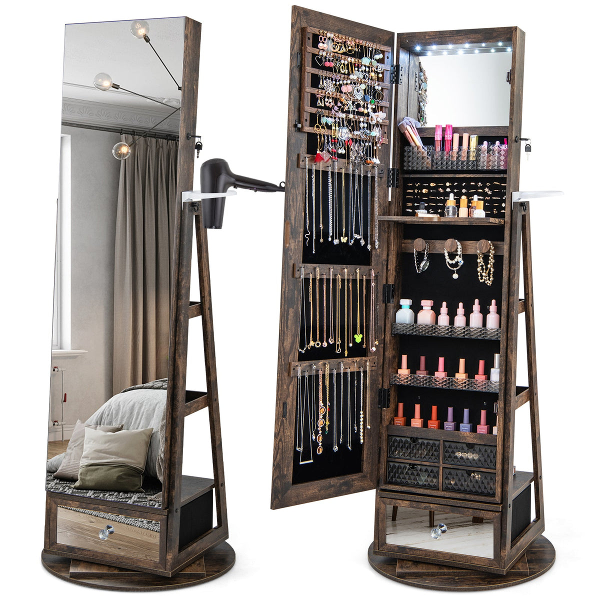 Lockable 360° Swivel Jewelry Cabinet with Full-Length Mirror LED Lights