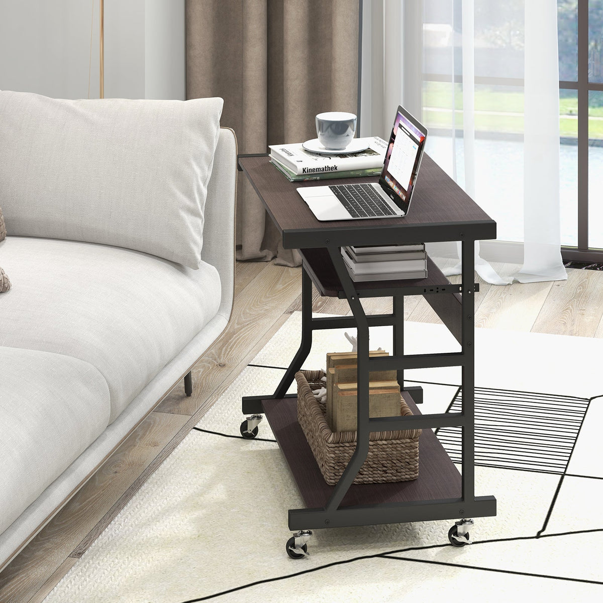 Mobile Computer Desk with Keyboard Tray Mouse Tray and Shelf-Dark Brown