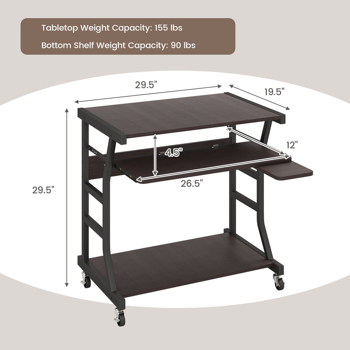 Mobile Computer Desk with Keyboard Tray Mouse Tray and Shelf-Dark Brown