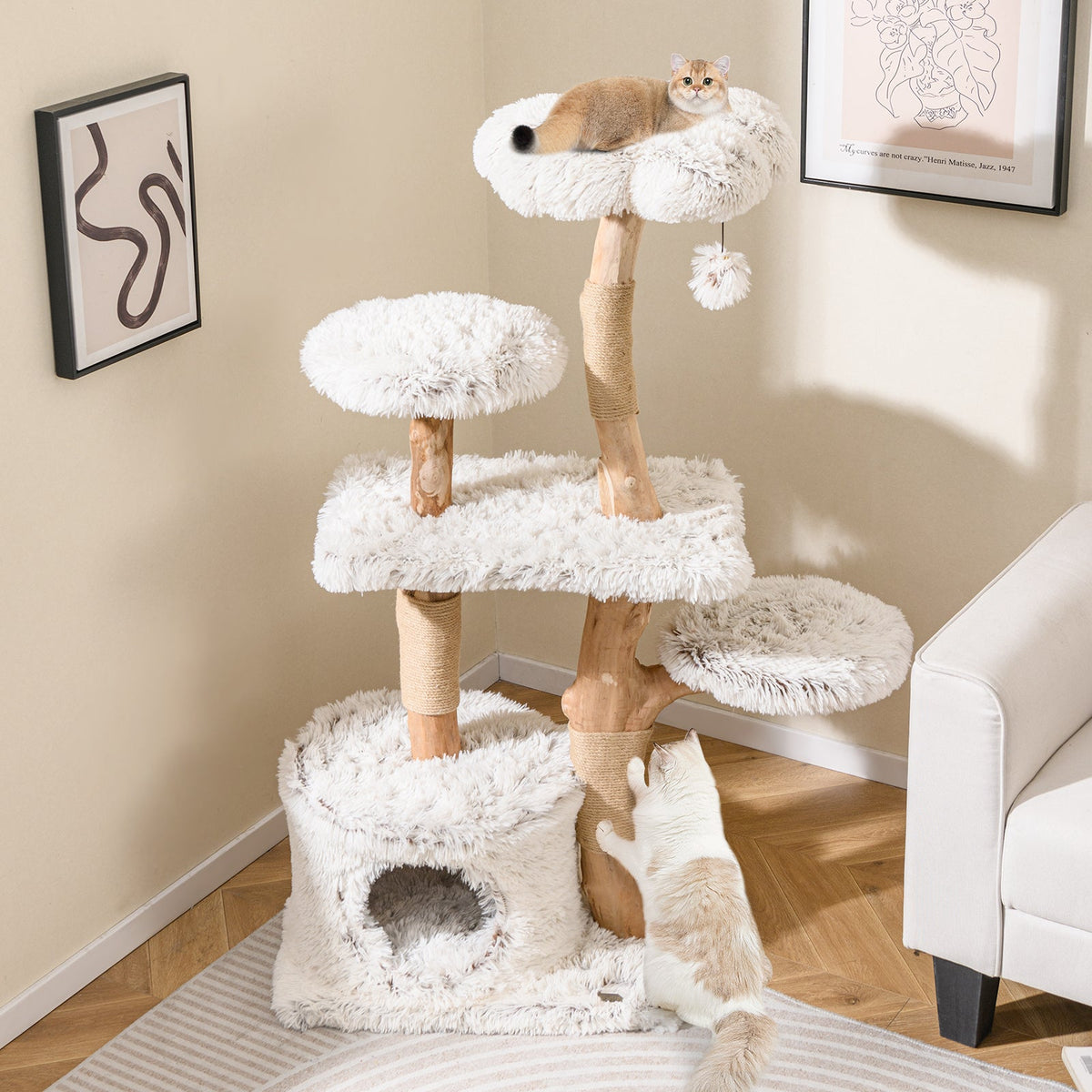 Modern Cat Tree 53 Inch Tall Natural Branch Wooden Cat Tower with Jute Scratching Posts-White