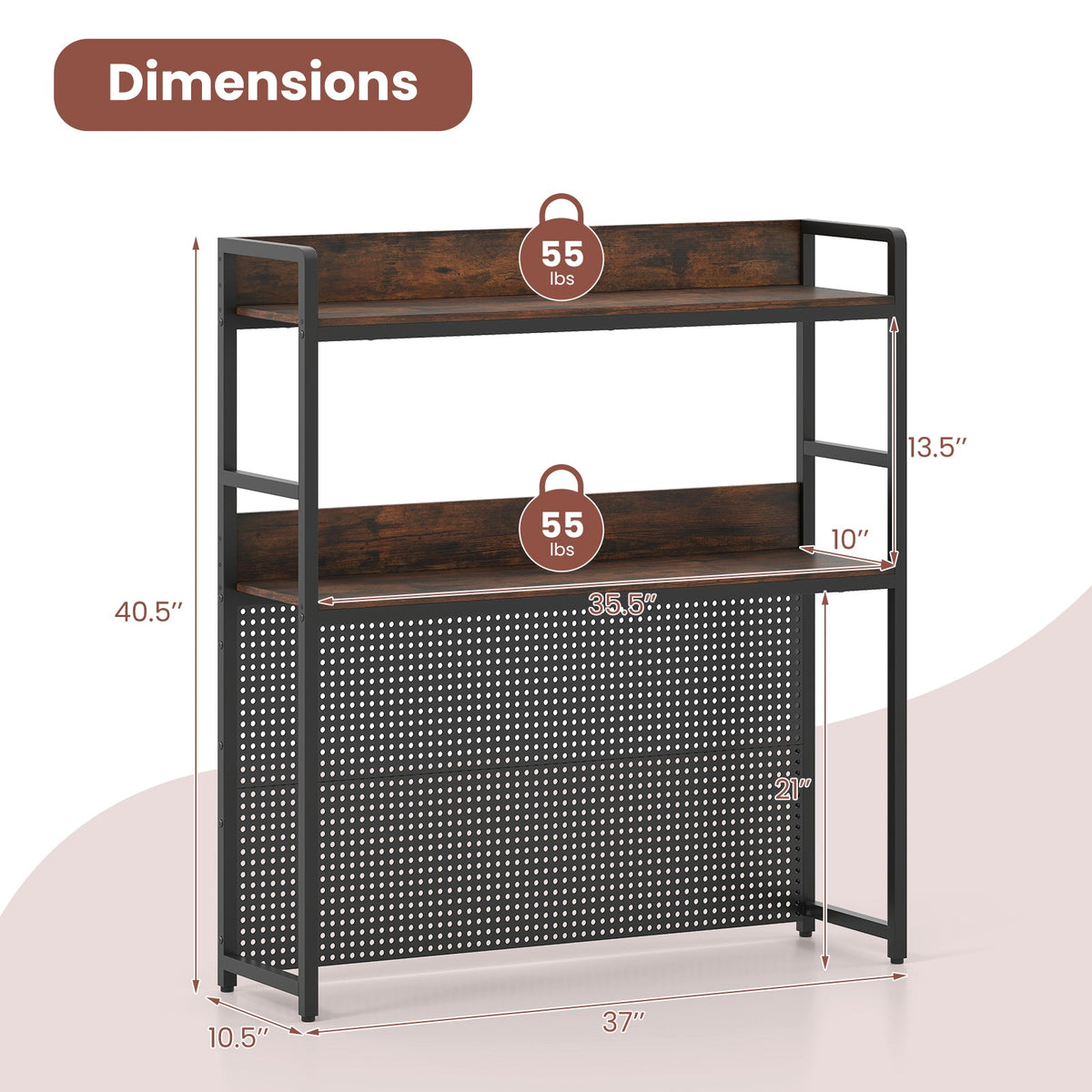 Multipurpose 2-Tier Desktop Bookshelf with Pegboard for up to 32 Inch Computer Monitor-Rustic Brown