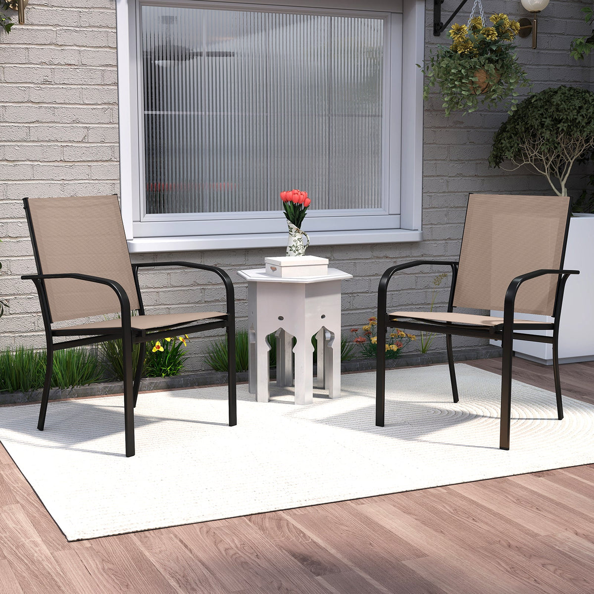 Outdoor Dining Chairs Set of 2 with High Back and Metal Frame-Light Brown