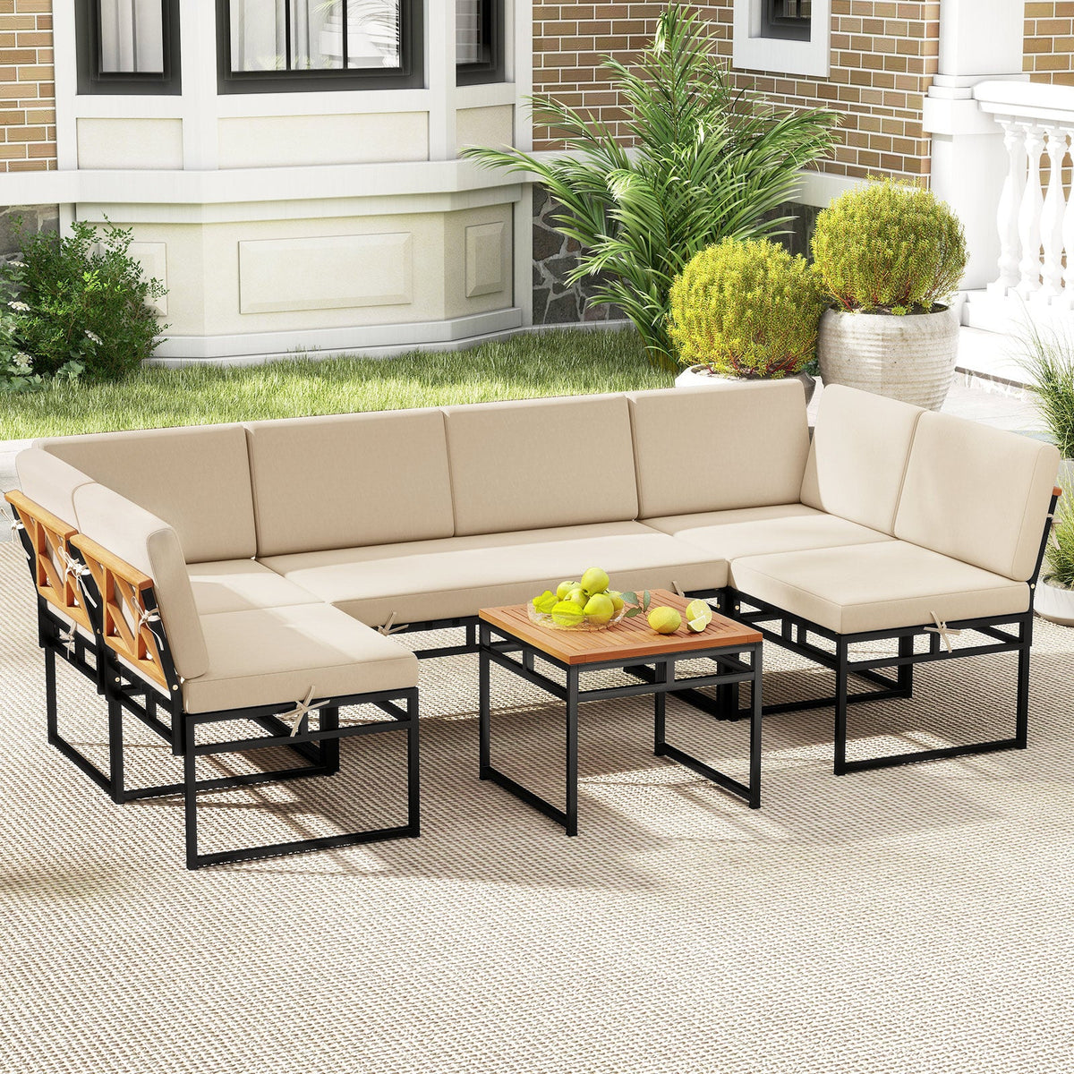 6 Piece Outdoor Sectional Sofa Set Metal Conversation Set with Cushions-Beige