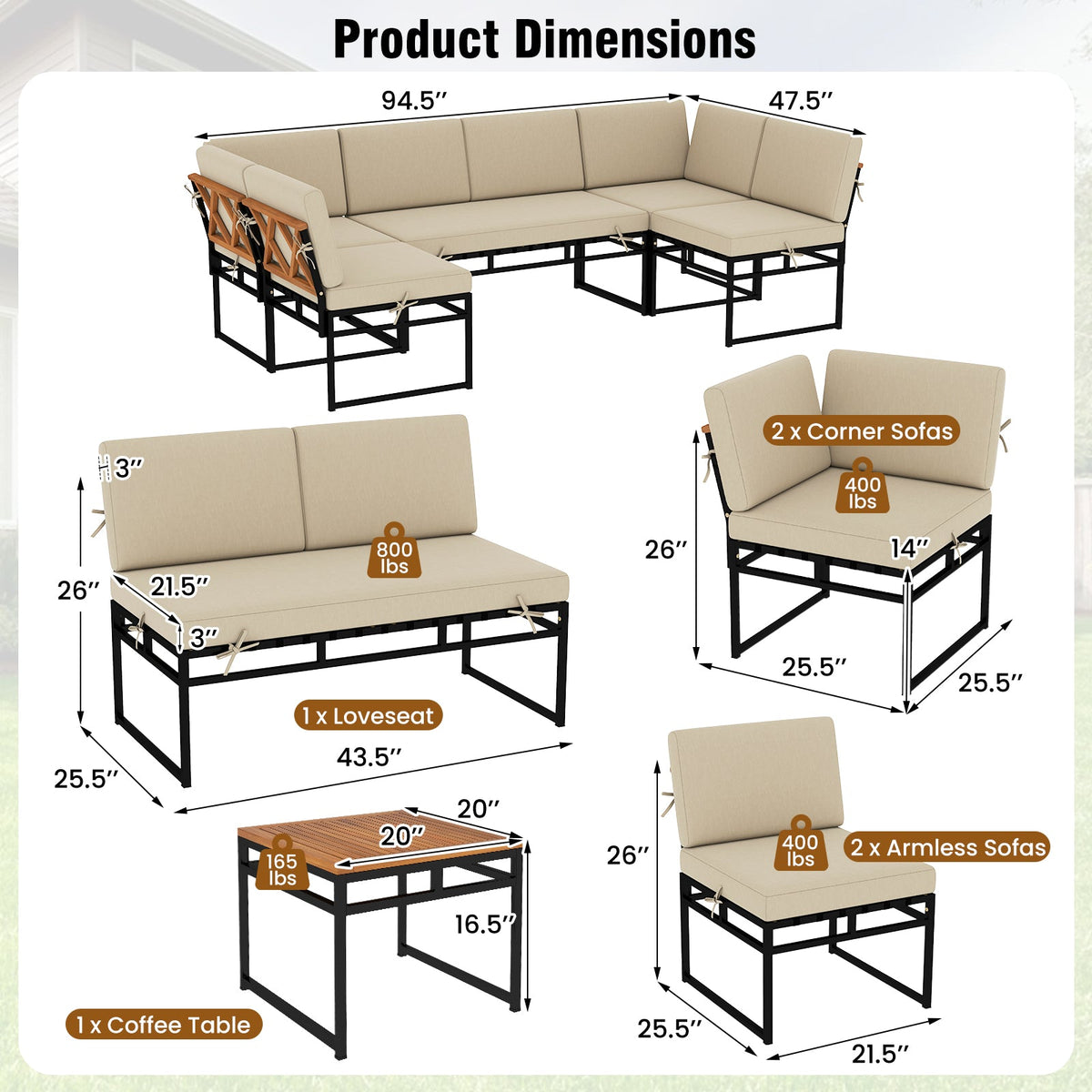 6 Piece Outdoor Sectional Sofa Set Metal Conversation Set with Cushions-Beige