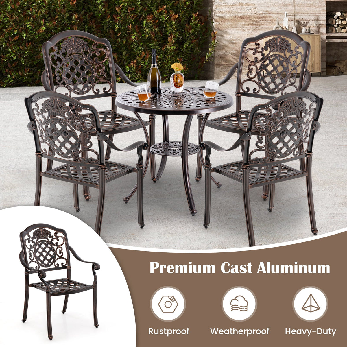 Patio Cast Aluminum Dining Chairs Set of 2 Metal Armchairs Stackable-Copper