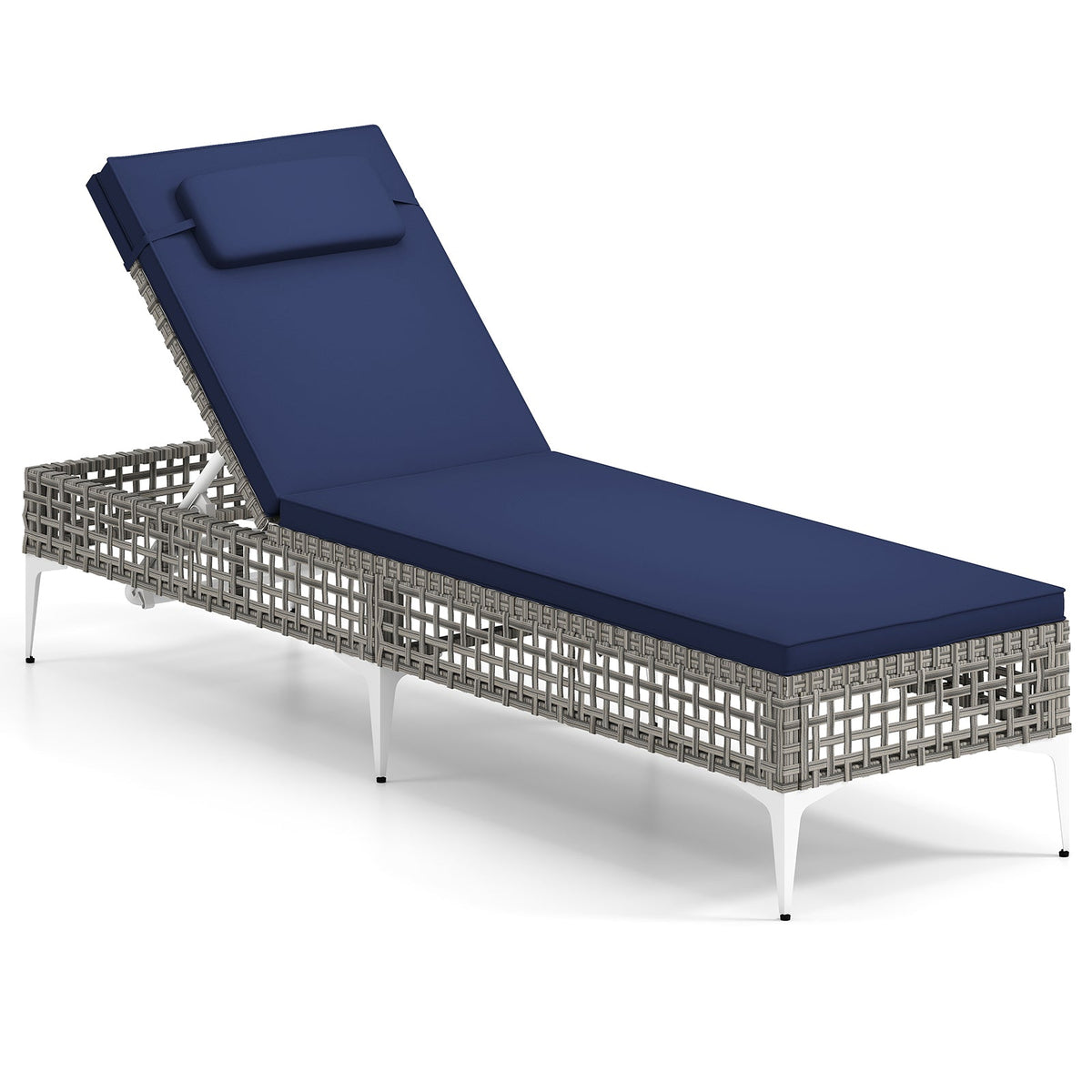 Patio Chaise Lounge Chair with 6-Level Adjustable Backrest and Headrest for Poolside-Navy