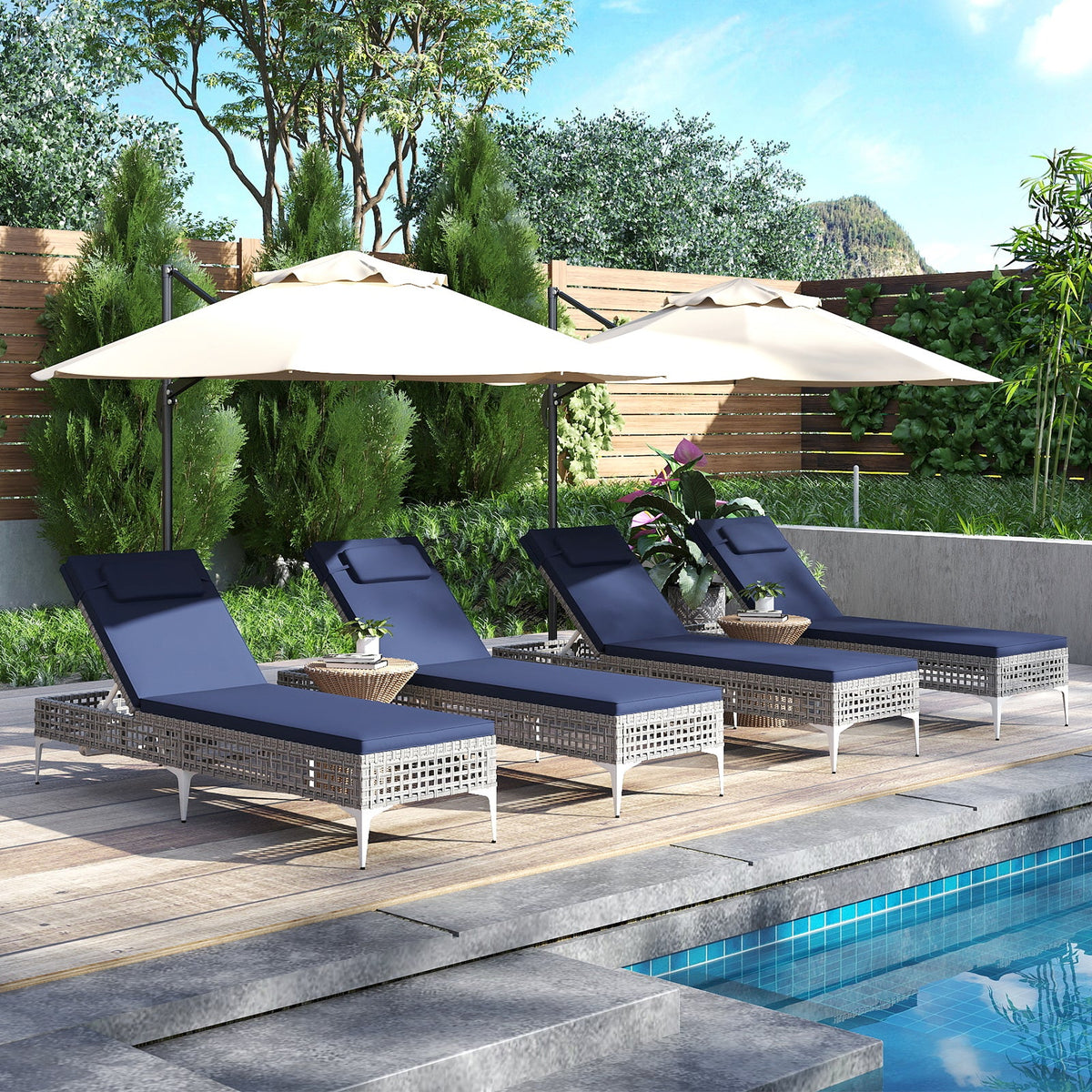 Patio Chaise Lounge Chair with 6-Level Adjustable Backrest and Headrest for Poolside-Navy