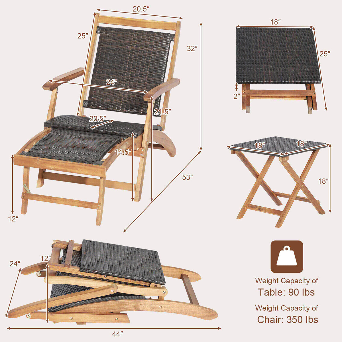 2 Pieces Patio Rattan Folding Lounge Chair with Acacia Wood Table